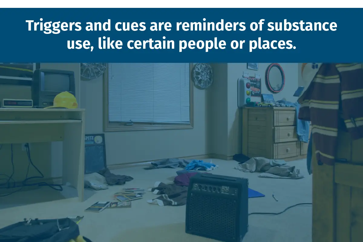 Dimly lit room with addiction triggers like alcohol, drugs, and familiar cues, evoking cravings and distress.